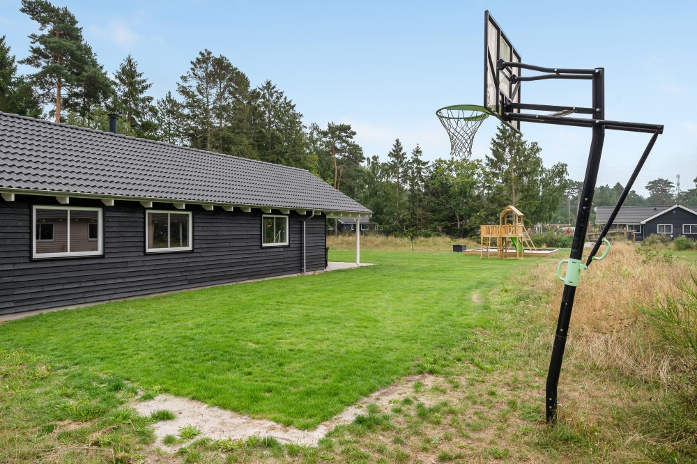 I det attraktive feriehuset nr. 365 i Nordsjælland finnes det mengder av utendørsaktiviteter, som leketårn og huskestativ.